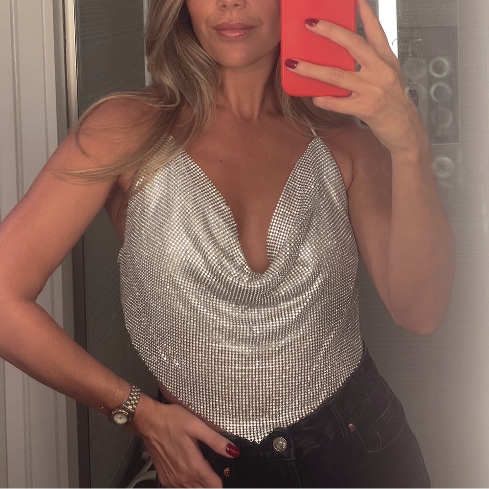 Silver Rhinestone Halter Top with Open Back